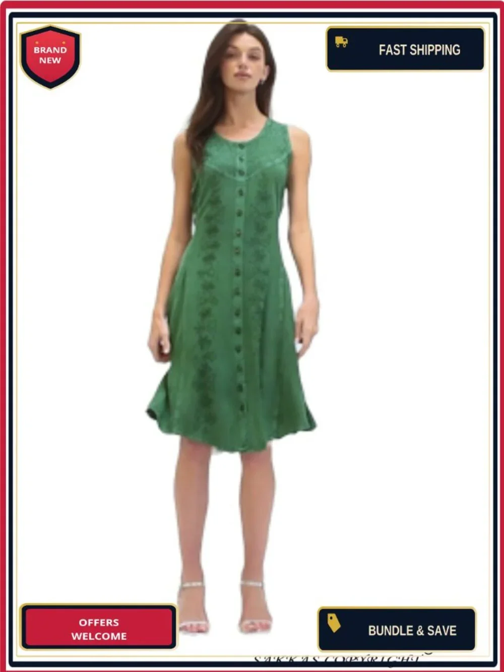 Women's Floral Embroidered Midi Sleeveless Button Up Rayon Dress